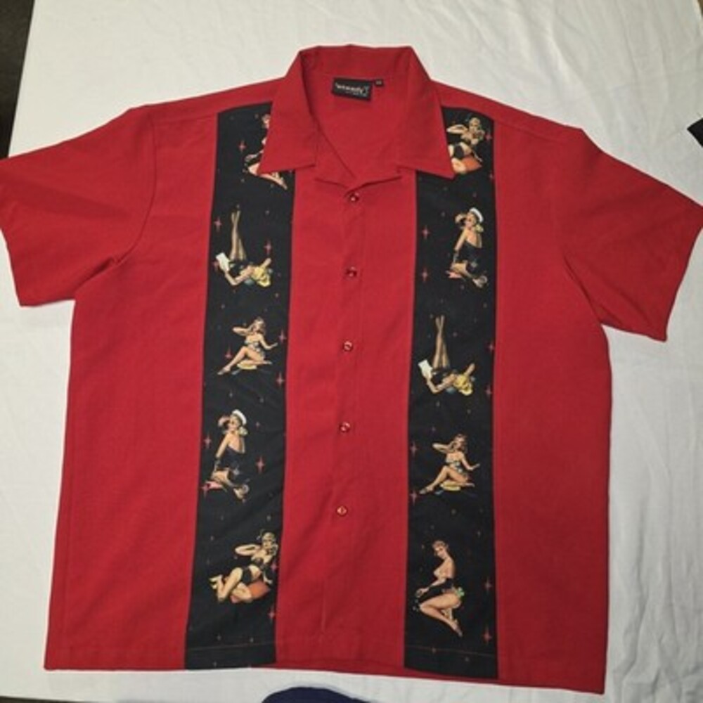 Vintage Steady Last Call Shirt Mens XXL Short Sleeve Red Pinup Girls Bowling USA